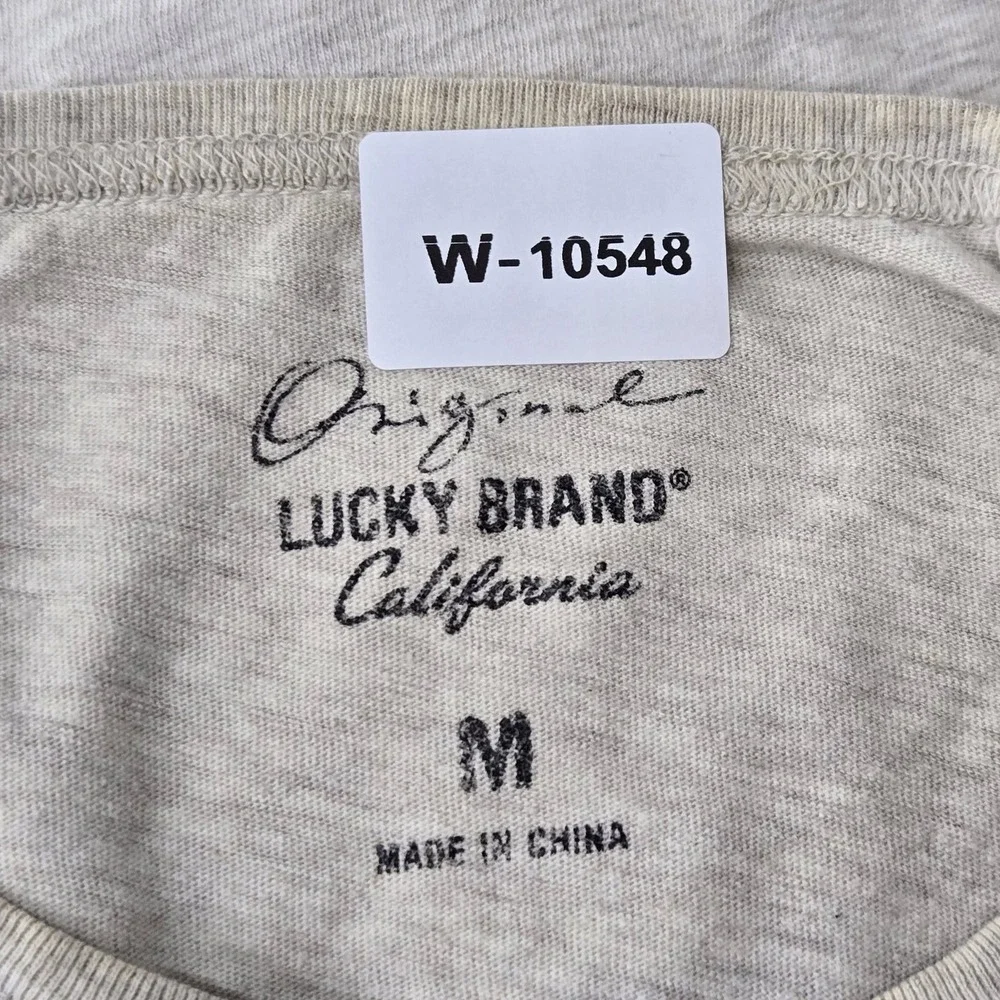 Lucky Brand Men Shirt M Beige Graphic Motorcycle Rider Biker Grunge READ